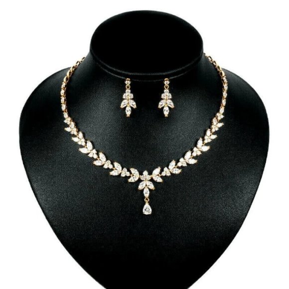 Gold Wedding Bridal Earrings Necklace Set Cubic Zirconia Grade 3A CZ Crystal - Picture 1 of 2